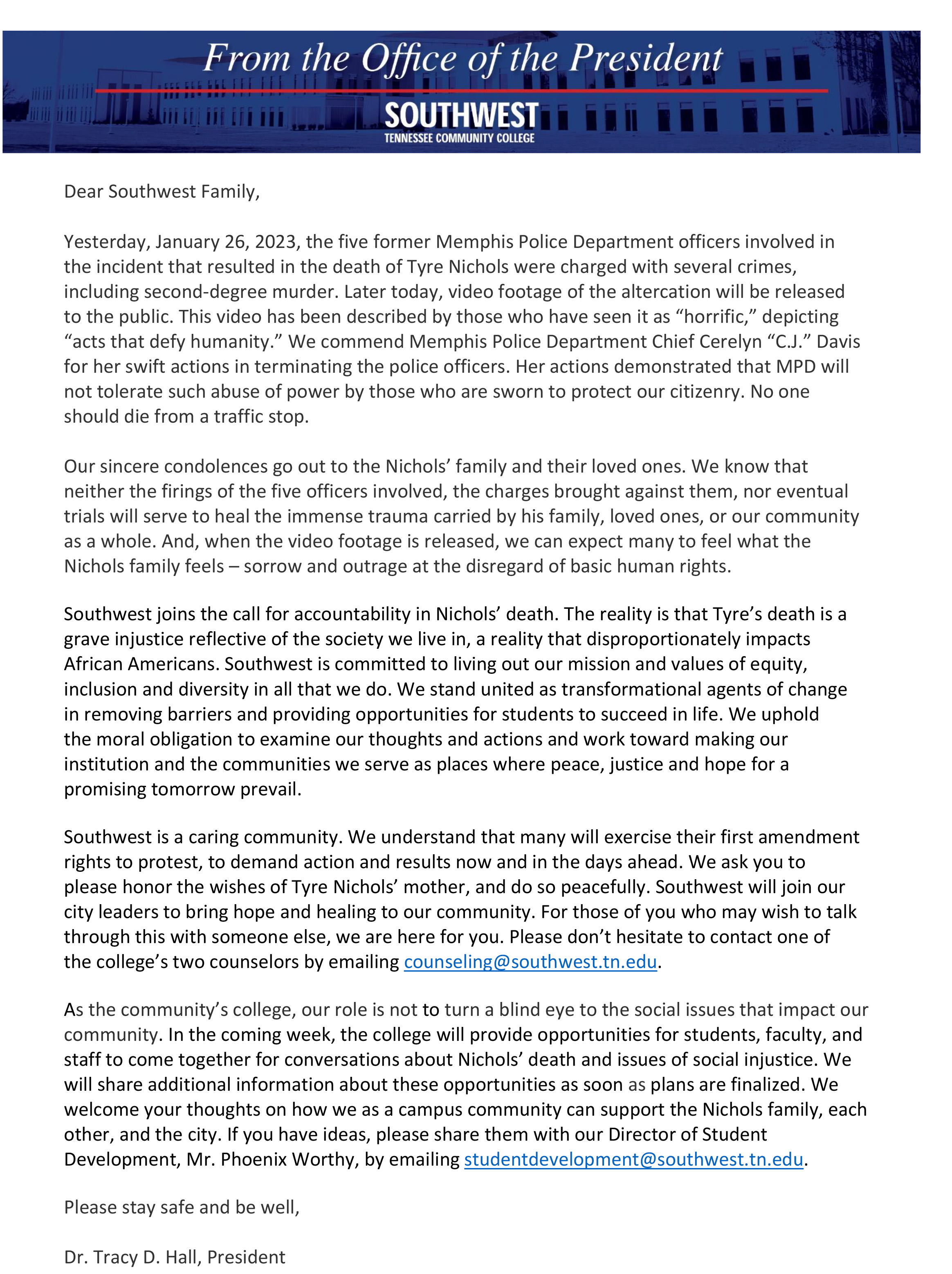 Southwest Tennessee Community College President Tracy D Hall Releases southwest-tennessee-community-college-president-tracy-d-hall-releases